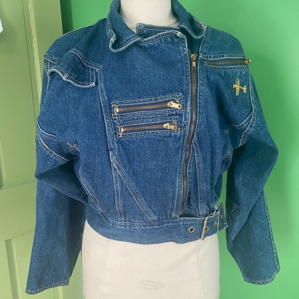 Vintage 80s Tramare Dark Blue Denim Moto Jacket asymmetrical zip
